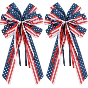 2 Pcs Patriotic Bows for Wreaths Decorations,Red White Blue Stripe String Stars Tree Topper Bow for 4th of July,Independence Day,Memorial Day,Veteran's Day,USA,American Front Door Indoor Outdoor Decor