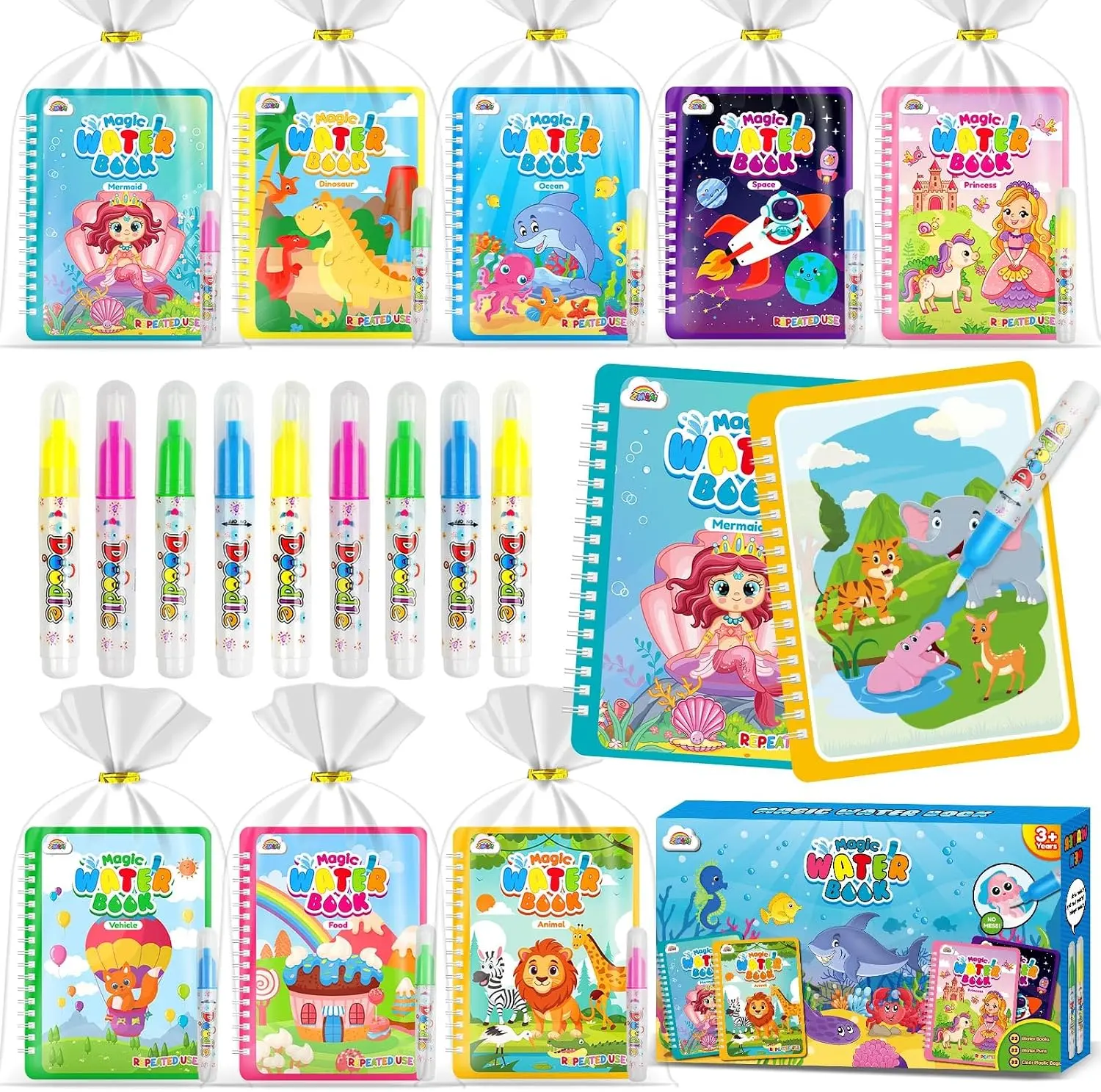 24 Pack Reusable Water Coloring Books for Toddlers, Mess Free Magic Water Painting Activity Books with Water Pens, Bulk Kids Party Favors Travel Drawing Toys