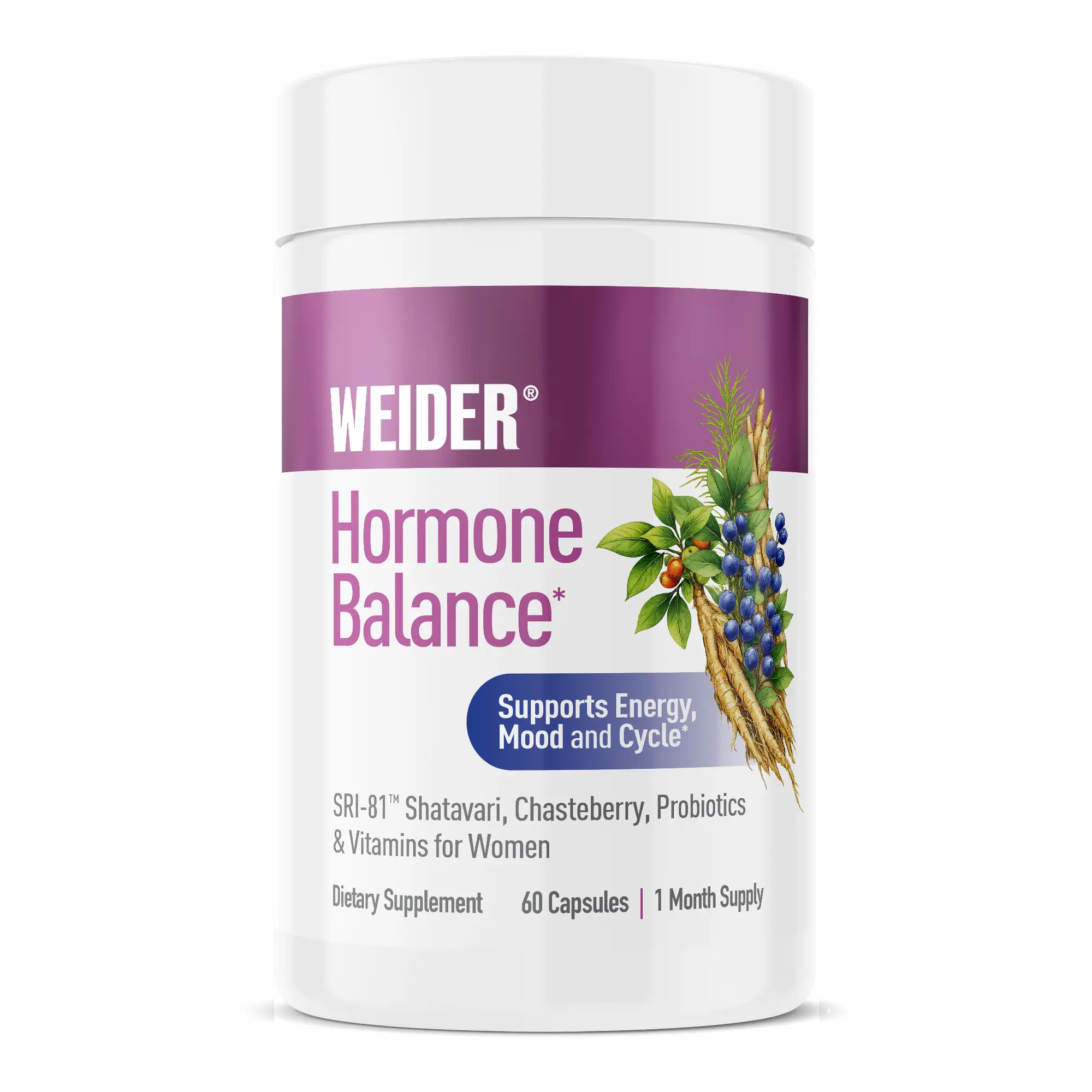 WEIDER Women’s Hormone Balance Supplement – Perimenopause, PMS, Cycle, Mood & Energy Support with SRI-81 Shatavari, Vitex & Probiotics – 60 Capsules