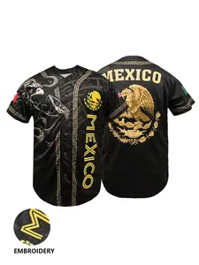 Men's "MEXICO" Embroidered Baseball Jersey, Casual Short Sleeve V Neck Baseball Shirt, Breathable Button Front, Unisex Outdoor Sports Wear