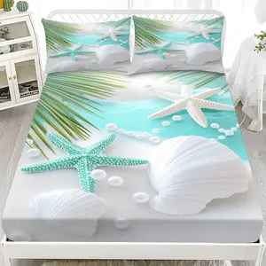 Fitted Sheet 3-Piece Set - 2D Flat Printing Blue, White, and Green Starfish and Seashell Pattern Mattress Covers, Available in Ten Sizes (1 * Fitted Sheet + 2 * Pillowcases, No Filler). skin-friendly and breathable bedding, suitable for family bedrooms .