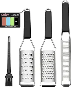 Lemon Zester & Cheese Grater Set (3-Pack), Stainless Steel Kitchen Grater for Parmesan, Garlic, Ginger, Chocolate & Vegetables, Dishwasher Safe, Black