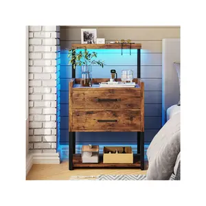 outstanding quality  Nightstand LED Lights And Charging Station 2 Drawers Bedside Table With Storage Shees