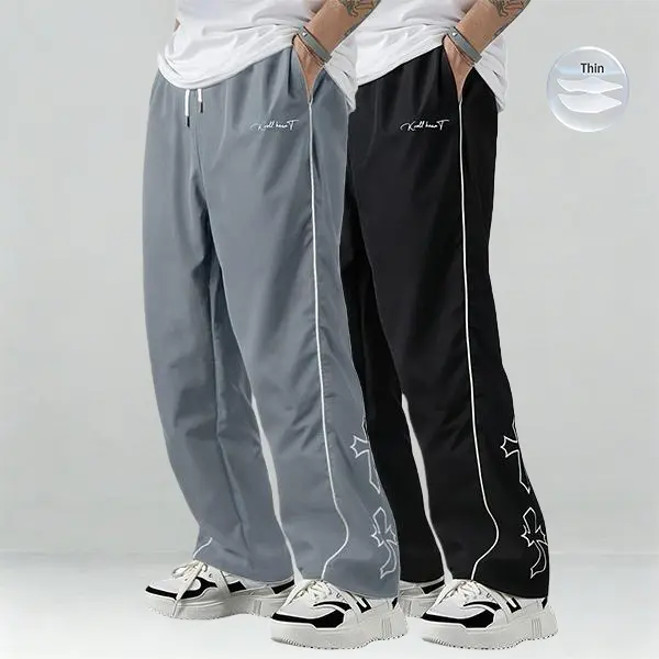 2 Pack - Men's Lightweight Athletic Pants, Thin & Soft, Men's Full-Length Trousers, Gray with Side Cross Print, Comfortable Design, Sports Casual Style Bottoms, Gym Wear