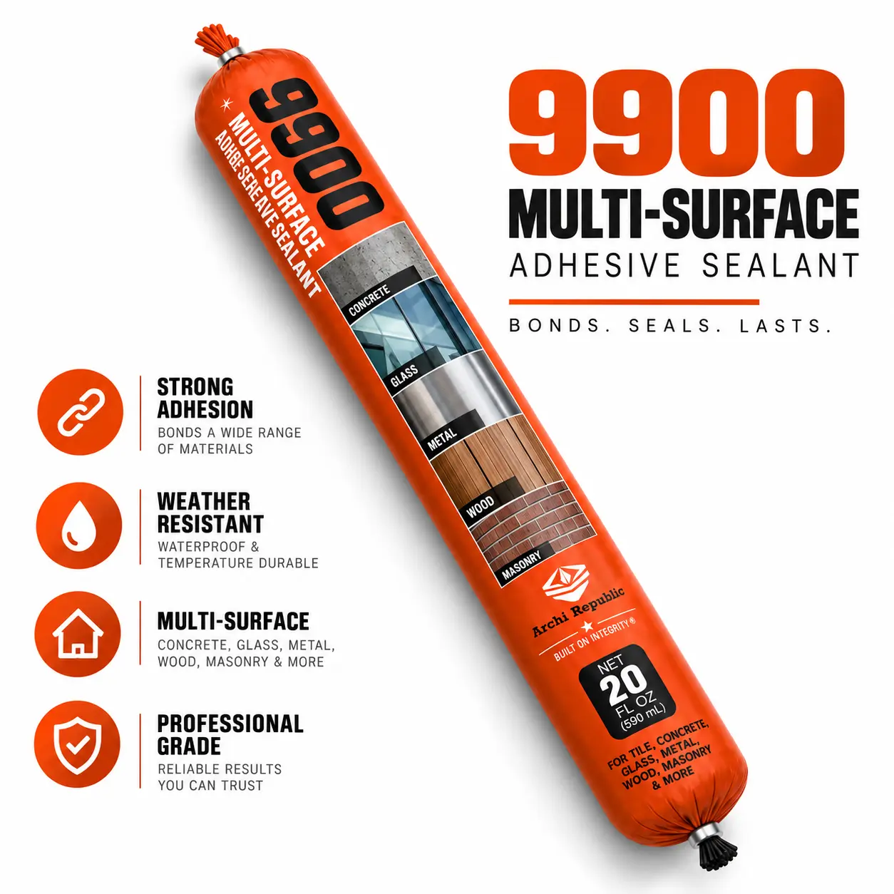 9900 Multi-Surface Professional Grade Adhesive Sealant, Strong Bond, Weather Resistant, 20 Fl Oz