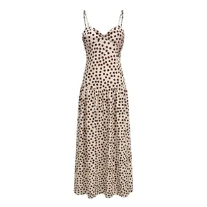 Women's Smooth Cool Touch Spaghetti Strap Waist Slimming Layered Hem Lightweight Breathable A-Line Dress, Elegant Vintage Style Soft Fabric Sundress for Summer, Flattering Polka Dot Outfit