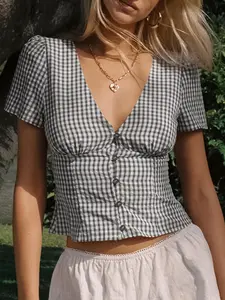Women's Plaid Print V Neck Blouse Shirts, Casual Short Sleeve Top for Summer, Ladies Clothes for Daily Wear, Casual Classy Top