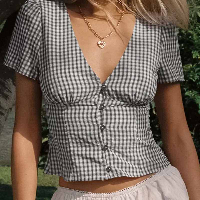 Women's Plaid Print V Neck Blouse Shirts, Casual Short Sleeve Top for Summer, Ladies Clothes for Daily Wear, Casual Classy Top, Casual Comfy Classy, Blouses Shirts Tops
