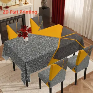 5pcs/7pcs Tablecloth and Chair Cover Set, Modern Color-blocked Geometric Printed Tablecloth and Chair Cover Set, Stretch Chair Slipcover Combo for Dining Table Decoration, Marble Pattern Suitable for Restaurant / Kitchen / Banquet, 2D Flat Printing