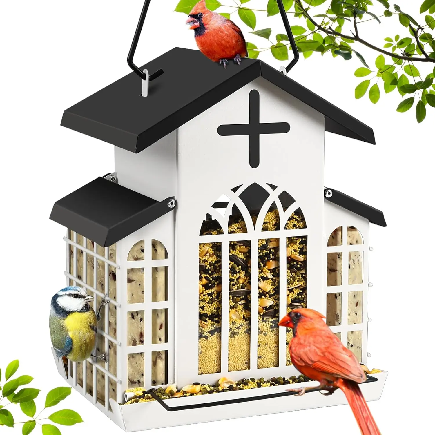 Wildpark 5LB Church Metal Hanging Bird Feeder for Outdoors, Weatherproof Suet Feeders for Outside Hanging, Large Bird Feeders Great for Attracting Finch, Woodpecker and More Wild Birds-White