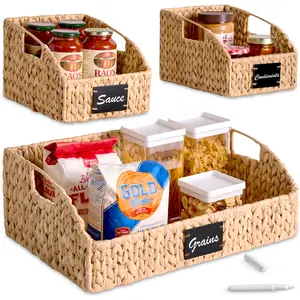 Best Choice Products Hyacinth Angled Pantry Storage Baskets W/ Handles, Chalkboard & Marker (Set of 3)