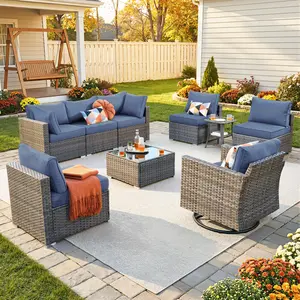 ALTRIGUS Patio Furniture Set, 9 Pieces Outdoor Sectional Couch with Swivel Rocking Chair, Gray Wicker Rattan Sofa with Side Table, 4" Thick Cushion for Garden Backyard Deck