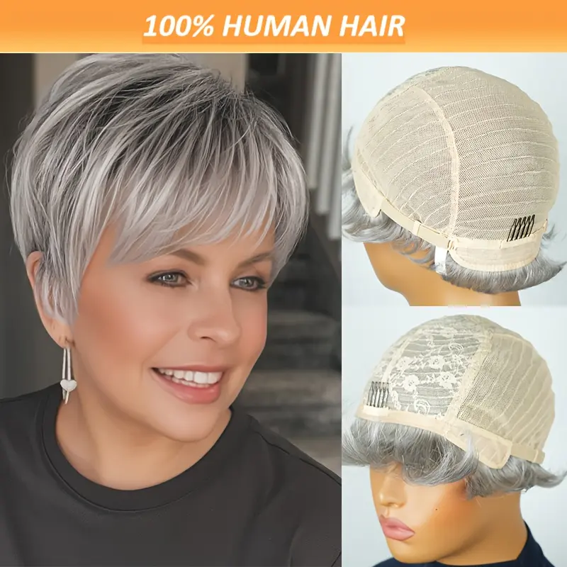 6 Inch Short Straight Silvery Gray Pixie Wig for Women, crafted from premium Brazilian Remy Human Hair with 150% density. This full machine made wig adopts breathable rose net cap, featuring ultra soft texture and natural realistic look. Durable and comfo