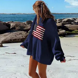 Women’s American flag print knitted sweater, long sleeves, crew neck, loose retro pullover, suitable for both men and women; designer autumn/winter new fashion knitwear GARMENTARY