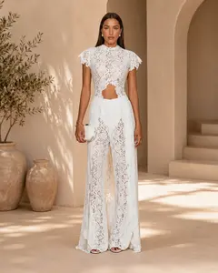 2-Piece Boho Lace Set Sexy Halter Crop Top with Bell Sleeves & High-Waisted Wide-Leg Pants Trendy Eyelash Lace Outfit for Summer Festival & Beach Vacation