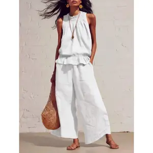 Women's Summer Solid Color Casual Retro Boho Ruffle Cotton Linen Sleeveless Top and Pants Two-Piece Set, Comfortable and Stylish Bohemian