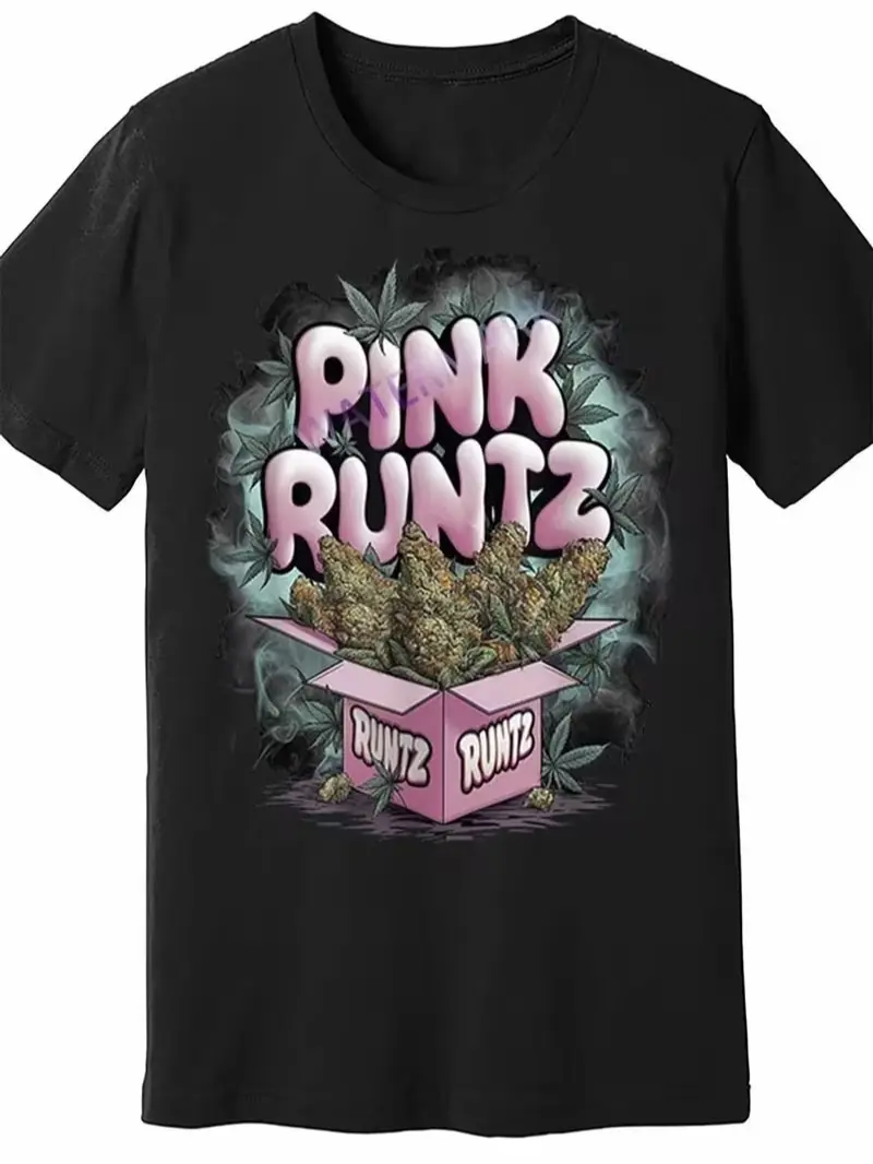 Men's RUNTZ Graphic Design Black Short-Sleeve T-Shirt - Menswear Tops, Bold Pink 'PINK RUNTZ' Text, Vibrant Green Leaves, Stylish Casual Tee for Summer, Street Style