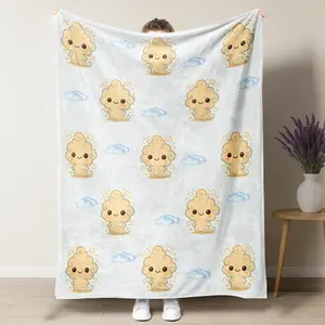 Cute Cloud Character Blanket – Whimsical Kawaii Design Featuring Smiling Swirly Cloud Characters & Soft Blue Cloud Accents, Perfect for Kids & Kawaii Lovers
