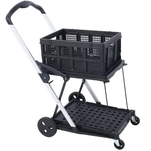 Collapsible Utility Cart High Capacity 2-Tier Durable Foot Brake Portable Shopping Cart with Baskets Storage & 360° Swivel Wheels Convenience