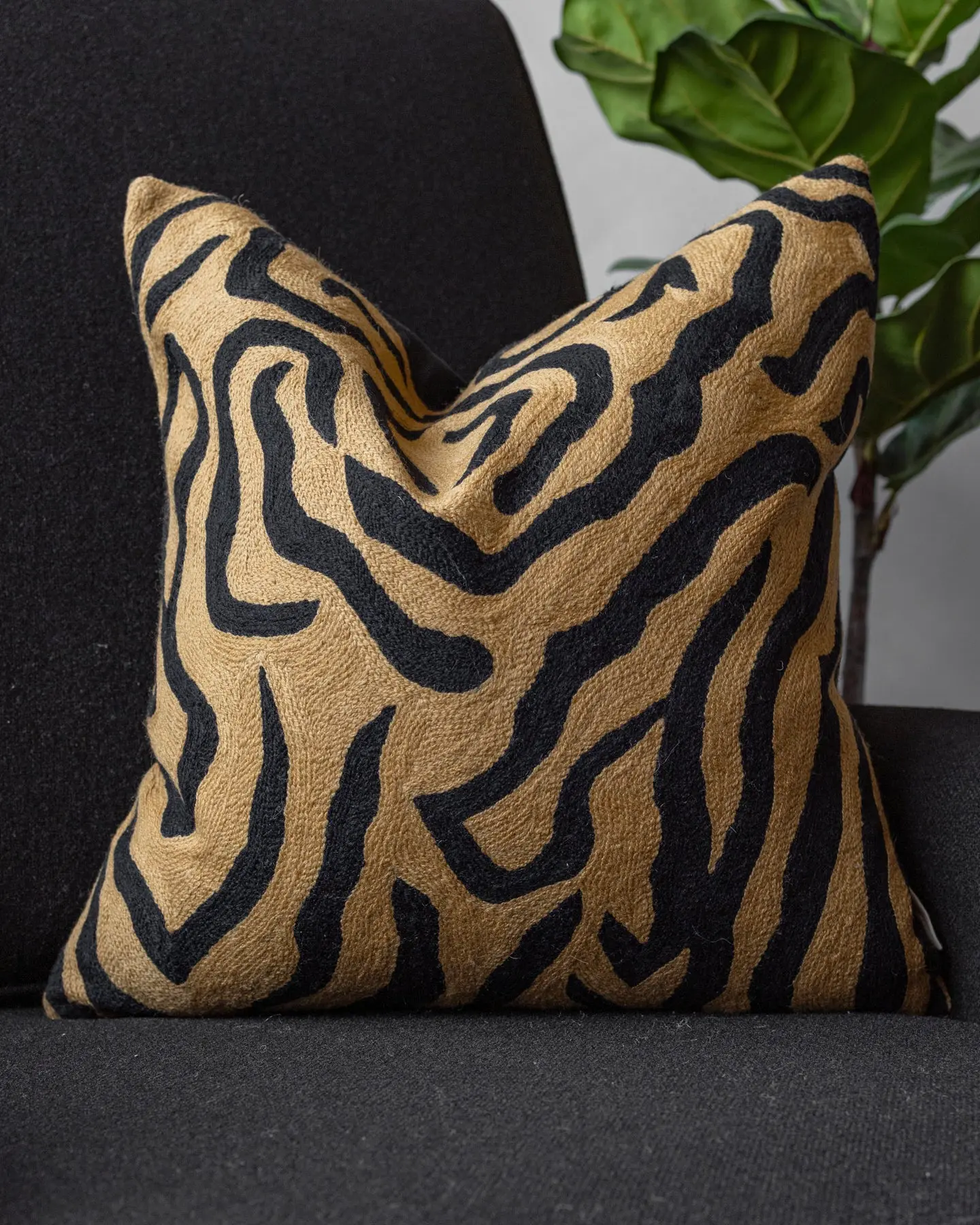 Rachel Embroidered Organic Cotton Tiger Stripe Throw Pillow