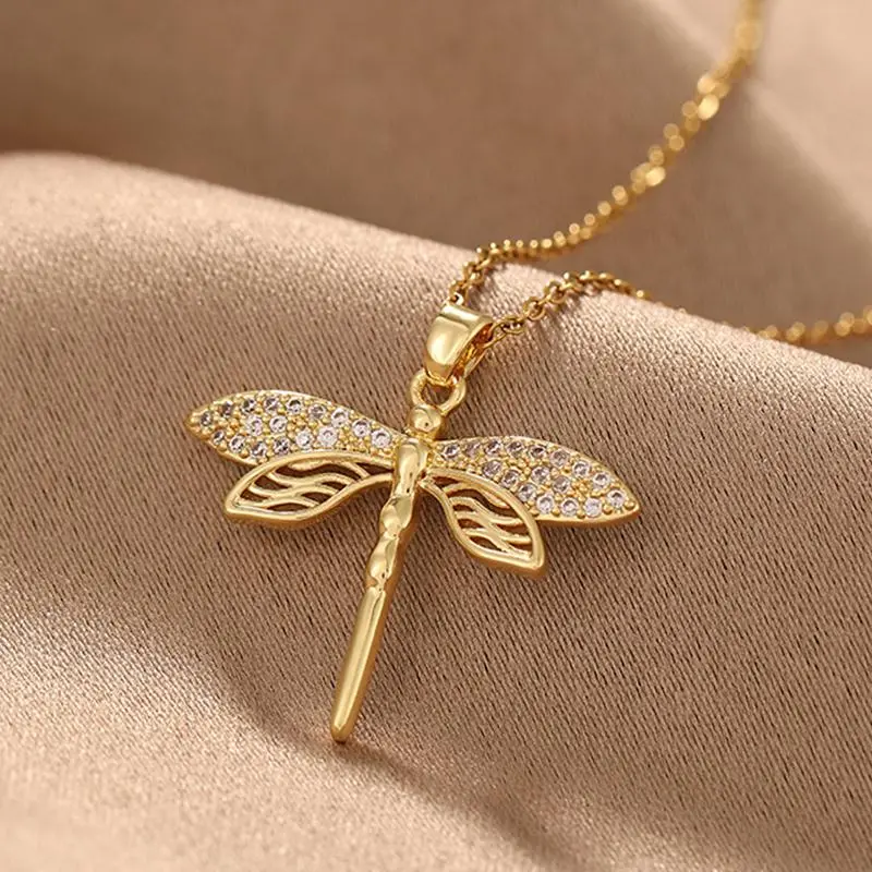 ZAKOL Trendy Gold Color Dragonfly Wings Necklaces For Women Stainless Steel Crystal Necklace Everyday Jewelry Gifts
