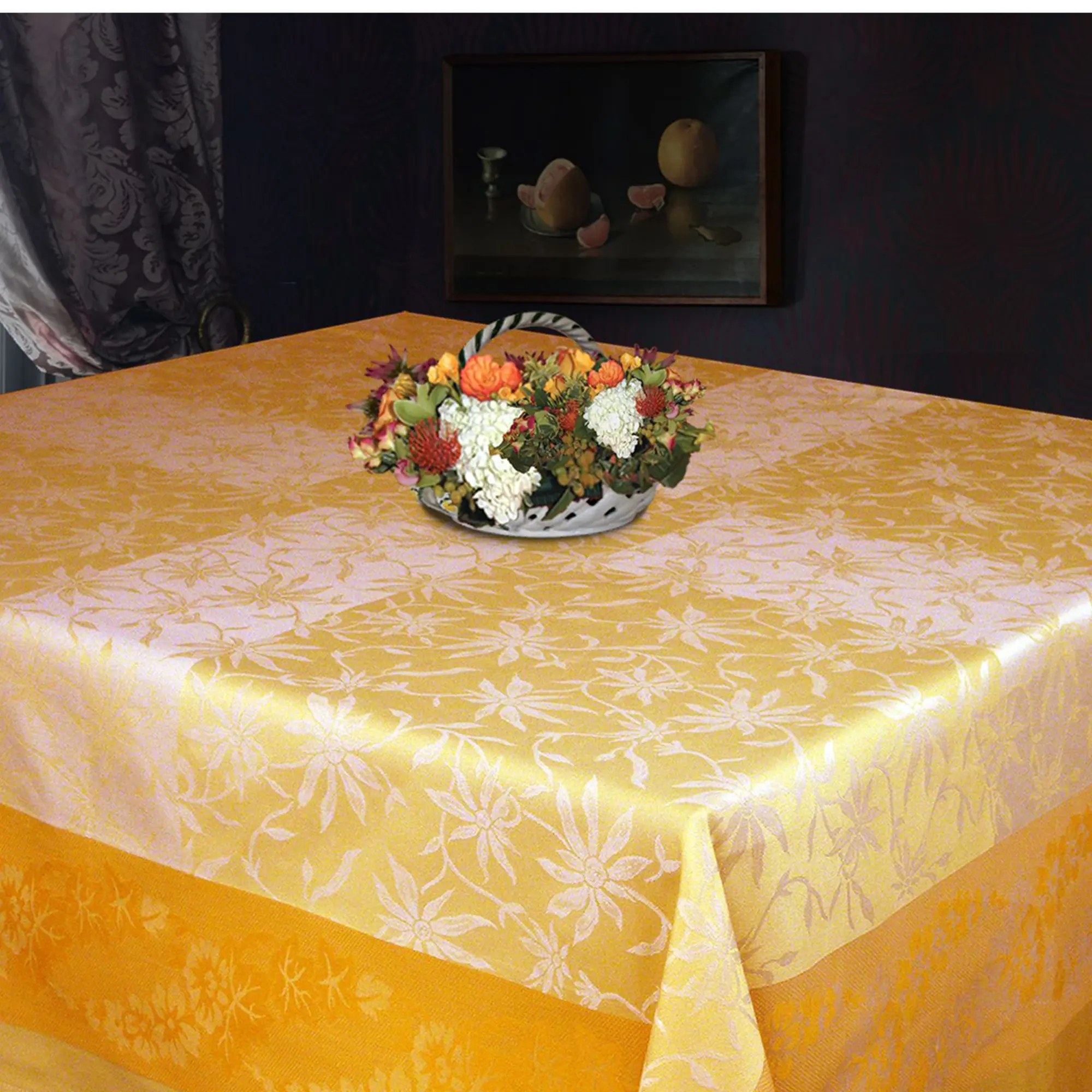 Italian Tablecloth – 70 Inch Square, Yellow Gold Jacquard Floral Design – Luxury Extra-Long Staple Cotton, Two-Ply Twisted Weave – Elegant Dining Room & Holiday Party Table Decor