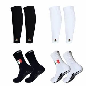 Mexico Soccer Grip Socks & Shin Guard Sleeves Set - Anti-Slip Performance Futbol Training Gear for Men - Mexican Heritage World Cup 2026 Fan Apparel - Professional Sunday League Football Socks (Black & White)