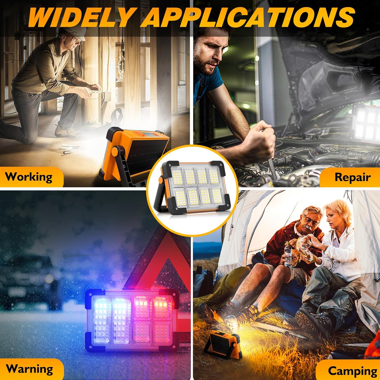 120W Solar Portable Flood Light, 144 LEDs IP66 Waterproof Work Light with Stand, 4 Modes for Construction Camping Fishing Car Repair