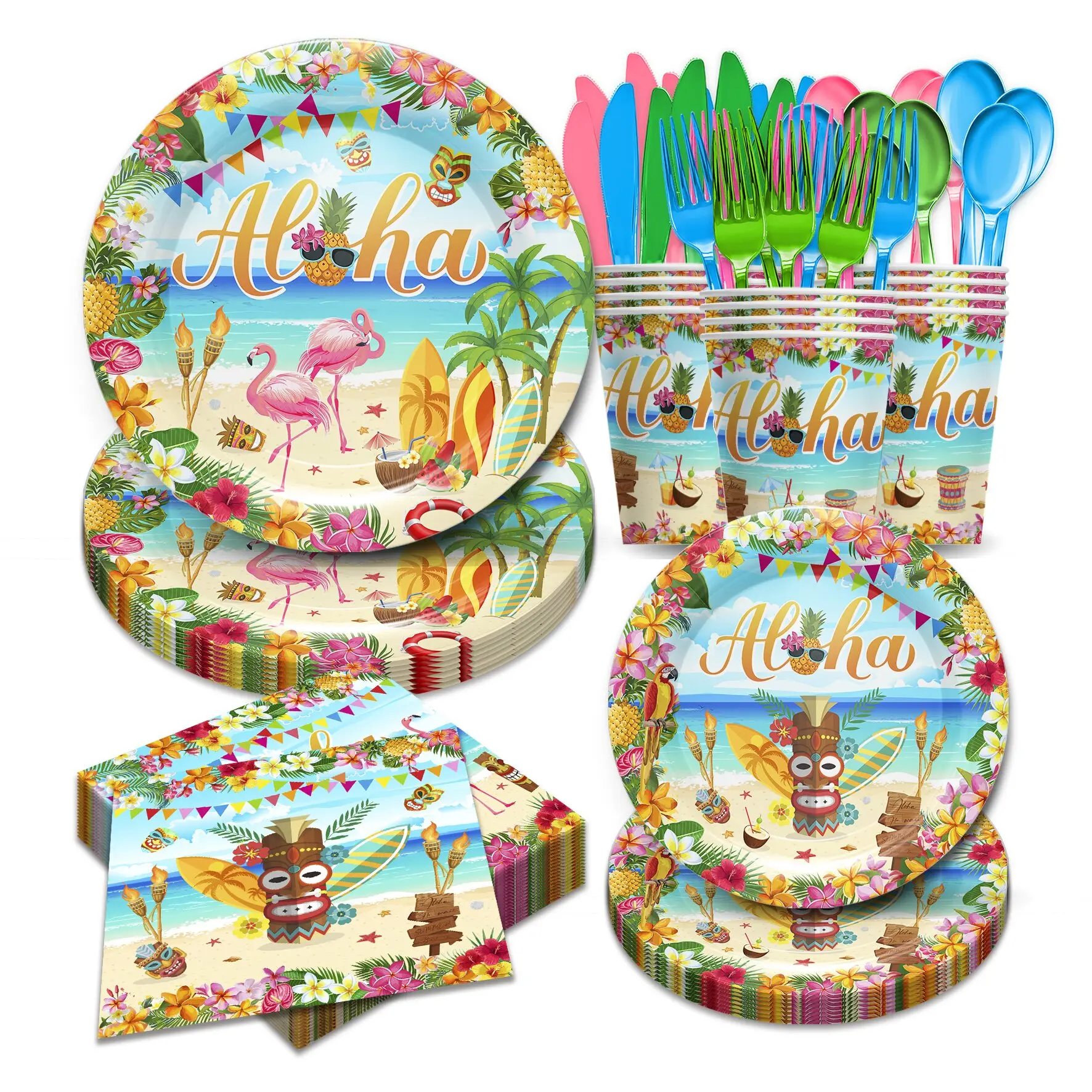 168pcs Hawaiian Aloha Party Decorations Supplies, Luau Tropical Birthday Party Plates, Summer Beach Holiday Party Paper Plates, Napkins, Cups，Tableware Set, Serves 24