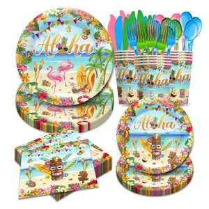 168pcs Hawaiian Aloha Party Decorations Supplies, Luau Tropical Birthday Party Plates, Summer Beach Holiday Party Paper Plates, Napkins, Cups，Tableware Set, Serves 24