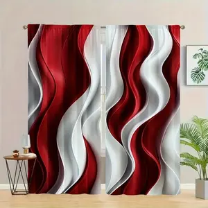 2D flat 2-piece decorative curtain set, elegant red and white abstract wave pattern, semi transparent polyester material, suitable for bedrooms, living rooms, offices, night curtains, suitable for various holidays and seasonal holiday parties