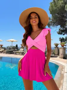 2026 Summer Fashion Pink Ruffled One-Piece Swimsuit - Slimming Two-Tone Color Block Monokini, The Ultimate Choice for Luxury Vacation Swimwear, Perfect Poolside Attire