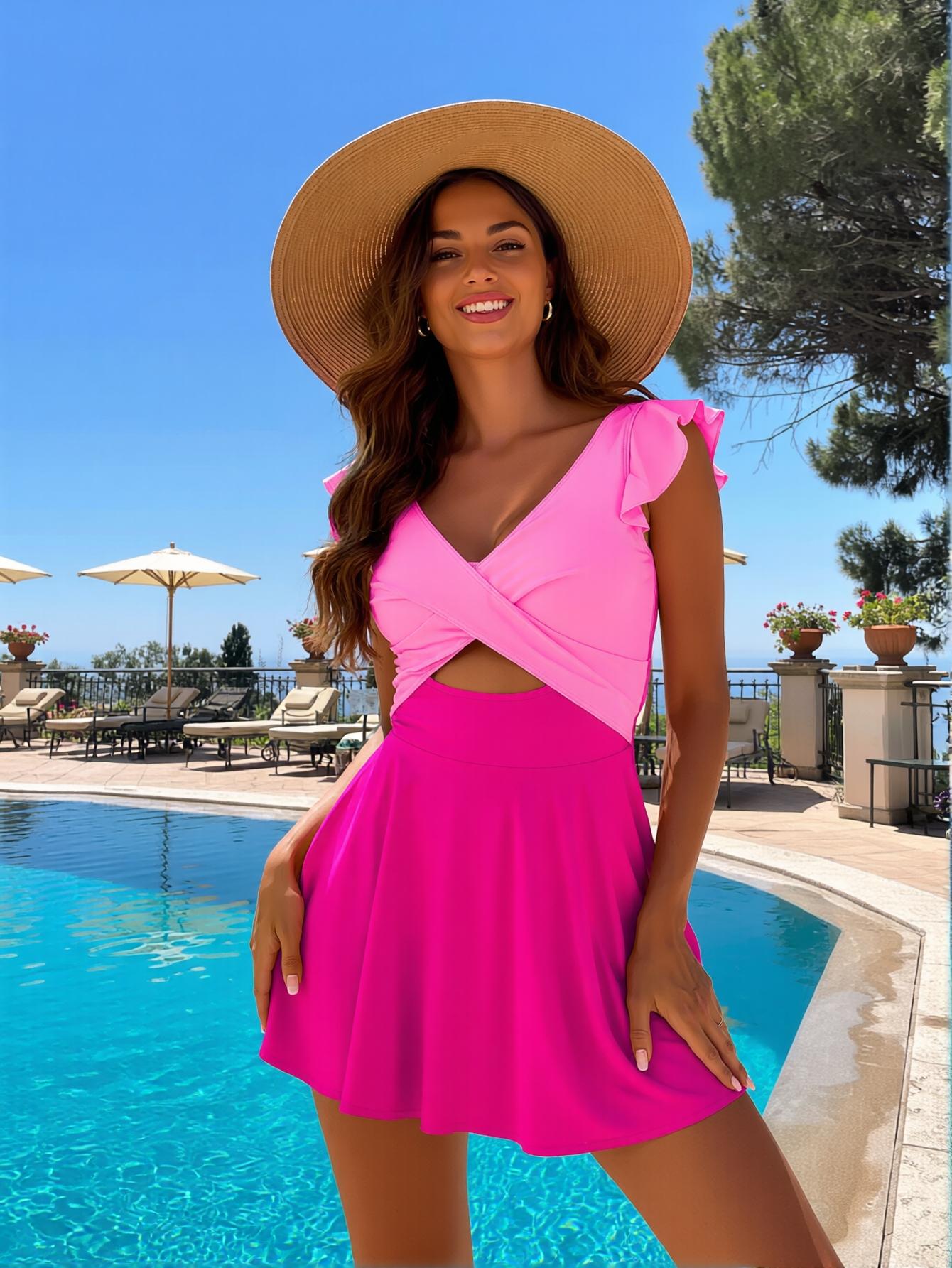 2026 Summer Fashion Pink Ruffled One-Piece Swimsuit - Slimming Two-Tone Color Block Monokini, The Ultimate Choice for Luxury Vacation Swimwear, Perfect Poolside Attire