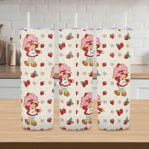 20oz Stainless Steel Tumbler Strawberry Shortcake Pattern Insulated Water Bottle with Straw 1 Count Thermos Flask Drinking Cup for Home Office School Gift Drinkware Viral Aesthetic Cute Trending Daily Use