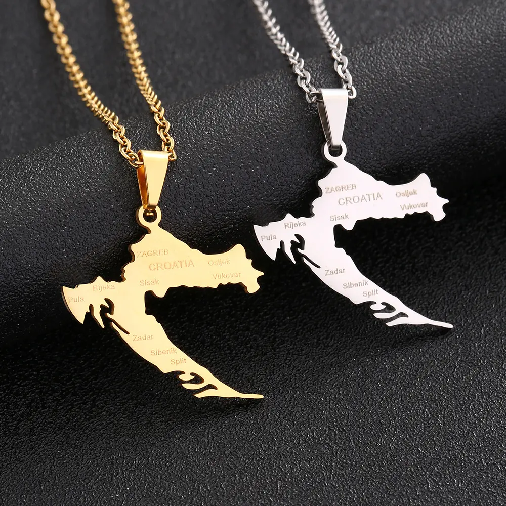 Gold Chain Croatia Map & City Name Pendant Statement Necklace - Unisex Ethnic Couple Jewelry, Anniversary Gift, Map Shape Design for Adults, Gold Chain Necklace, Map And City Name