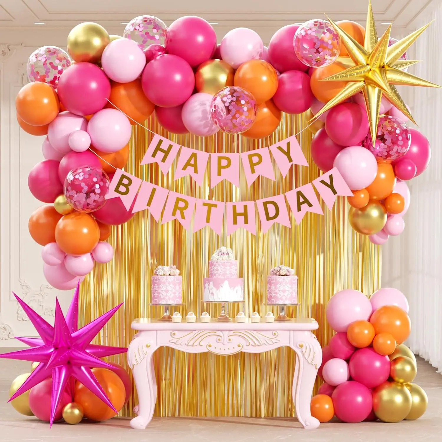 Pink And Orange Birthday Party Decorations With Happy Birthday Banner Confetti Hot Pink And Orange Balloons Fringe Curtain For Birthday Decorations For Women