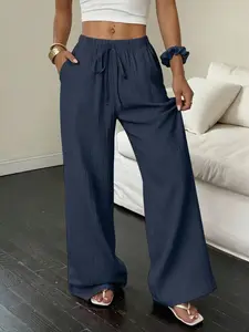 Women's Loose Wide Leg Lightweight Pants, Solid Color Drawstring Waist Design, Summer Casual Style, Perfect for Daily Wear & Travel, Womenswear