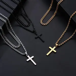 Real chains men Men's stainless steel cross necklace with multi-layer stacked pendant necklace