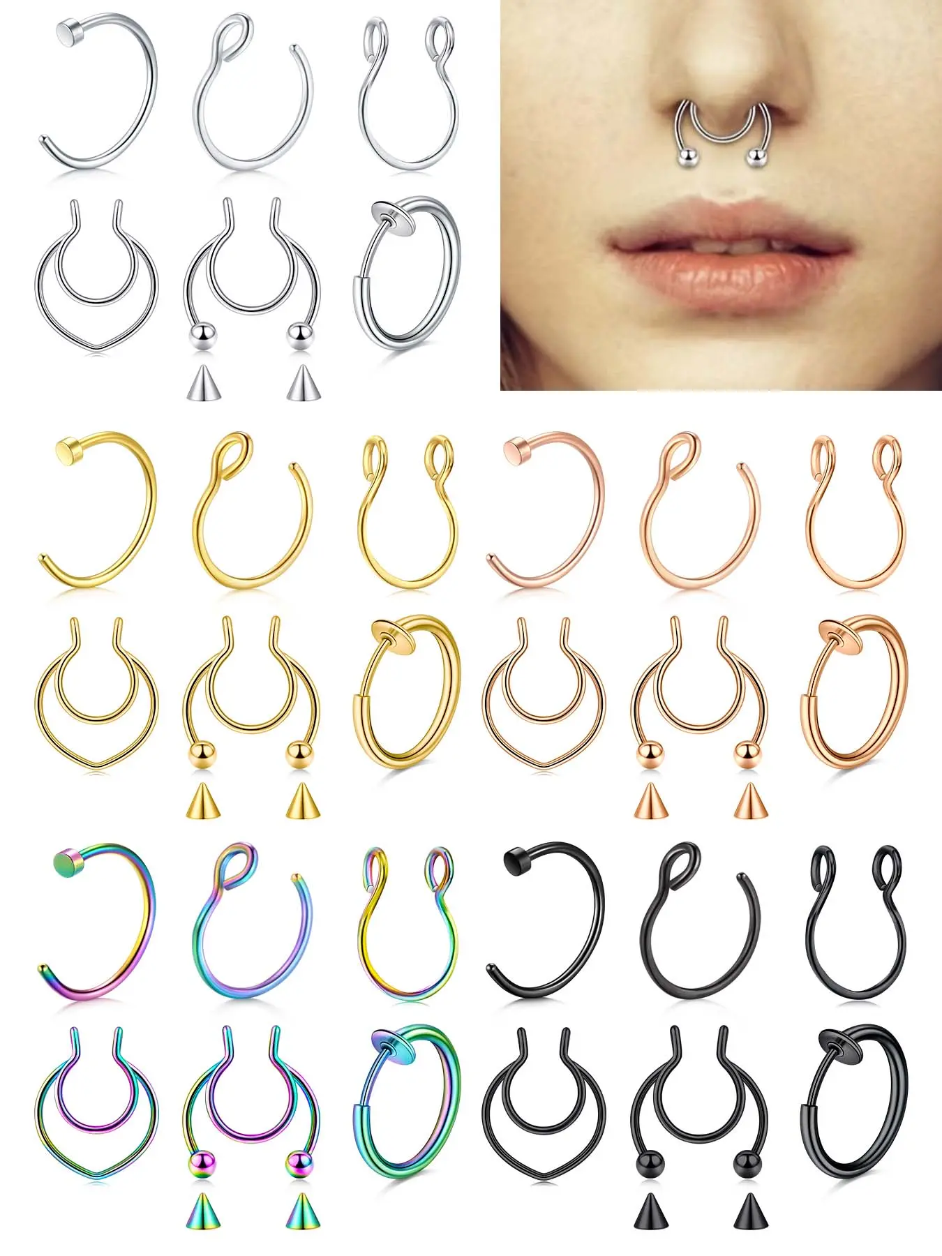 6Pcs Fake Nose Ring Hinged Nose Hoop Nose Septum for Women Men Clip On Faux Nose Piercings Fake Septum Cuffs Non Piercing Jewelry Body Jewellery