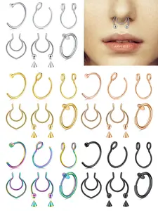 6Pcs Fake Nose Ring Hinged Nose Hoop Nose Septum for Women Men Clip On Faux Nose Piercings Fake Septum Cuffs Non Piercing Jewelry