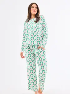 Women's 2-Piece Polyester Pajama Set, Casual Crew Neck Long Sleeve Pullover Top & Jogger Pants, Multicolor Cozy Tree Bow Print Fabric Loungewear Home Outfit,summervibes