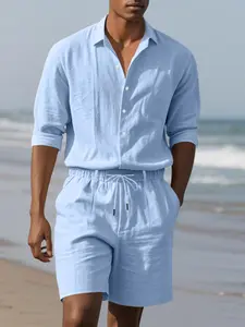 Two-Piece Set Men's Solid Color Linen Shirt & Shorts Set, Regular Fit Casual Comfy Breathable Short Sleeve Collared Top & Straight Leg Shorts, Men Outfits for Beach Vacation Outdoor, Clothes