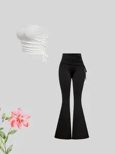 Comfortable casual plain commuting style trendy drawstring high waist fitted women's trousers suit