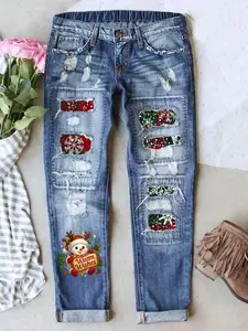 Women's Print Denim Jeans, Casual Fitted Long Pants, Elastic Waistband, Button Fly, Comfortable Breathable Fabric, All Seasons Wear, Denim Clothing