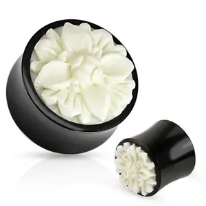 Pair of Black Organic Buffalo Horn Plugs Gauges Ear White Flower 0g 00g 1/2 9/16 5/8 3/4 7/8 1 inch