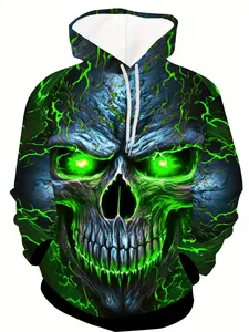 Men's skull print hoodie with kangaroo pocket, casual long sleeved hoodie, suitable for outdoor wear