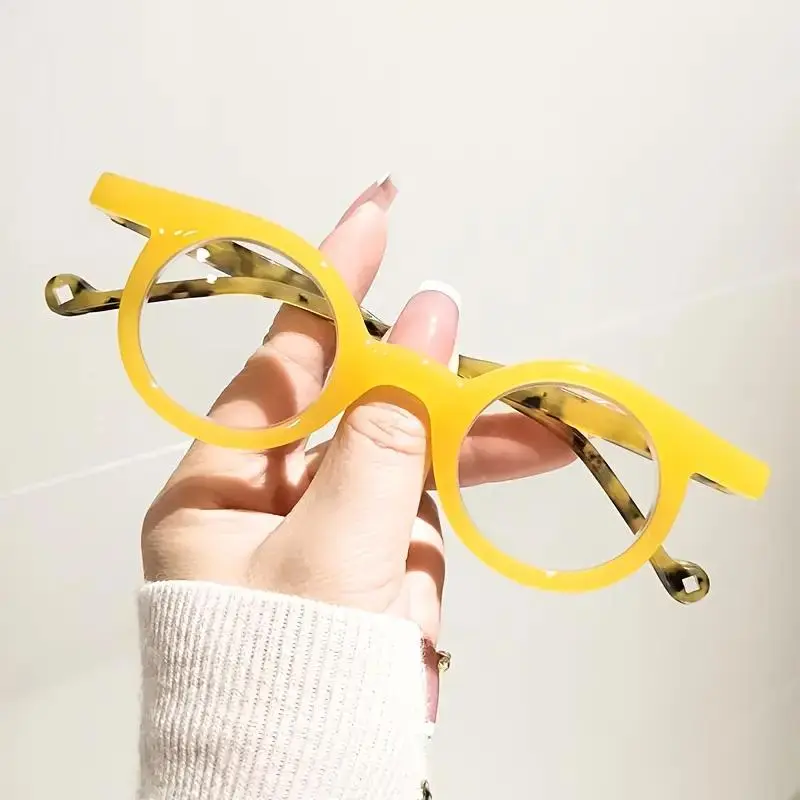 HAITONGCR Round Reading Glasses, Unisex Blue Light Blocking Readers with Anti-Glare HD Lenses, Durable Lightweight Frame with Metal Hinges, Red & Yellow
