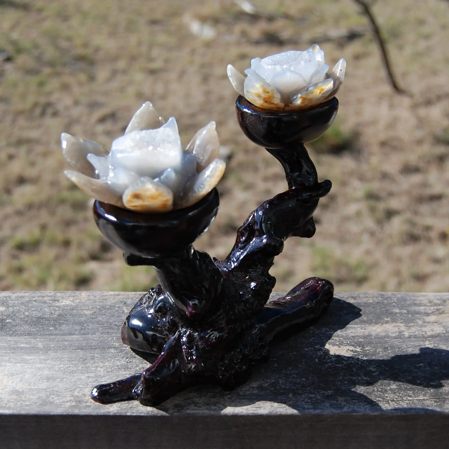 7in Agate Geode Carved Crystal Lotus Flowers on Burl Wood Stand