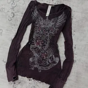 TOP American subculture gothic dark style hot girl long-sleeved printed rhinestone T-shirt retro millennial