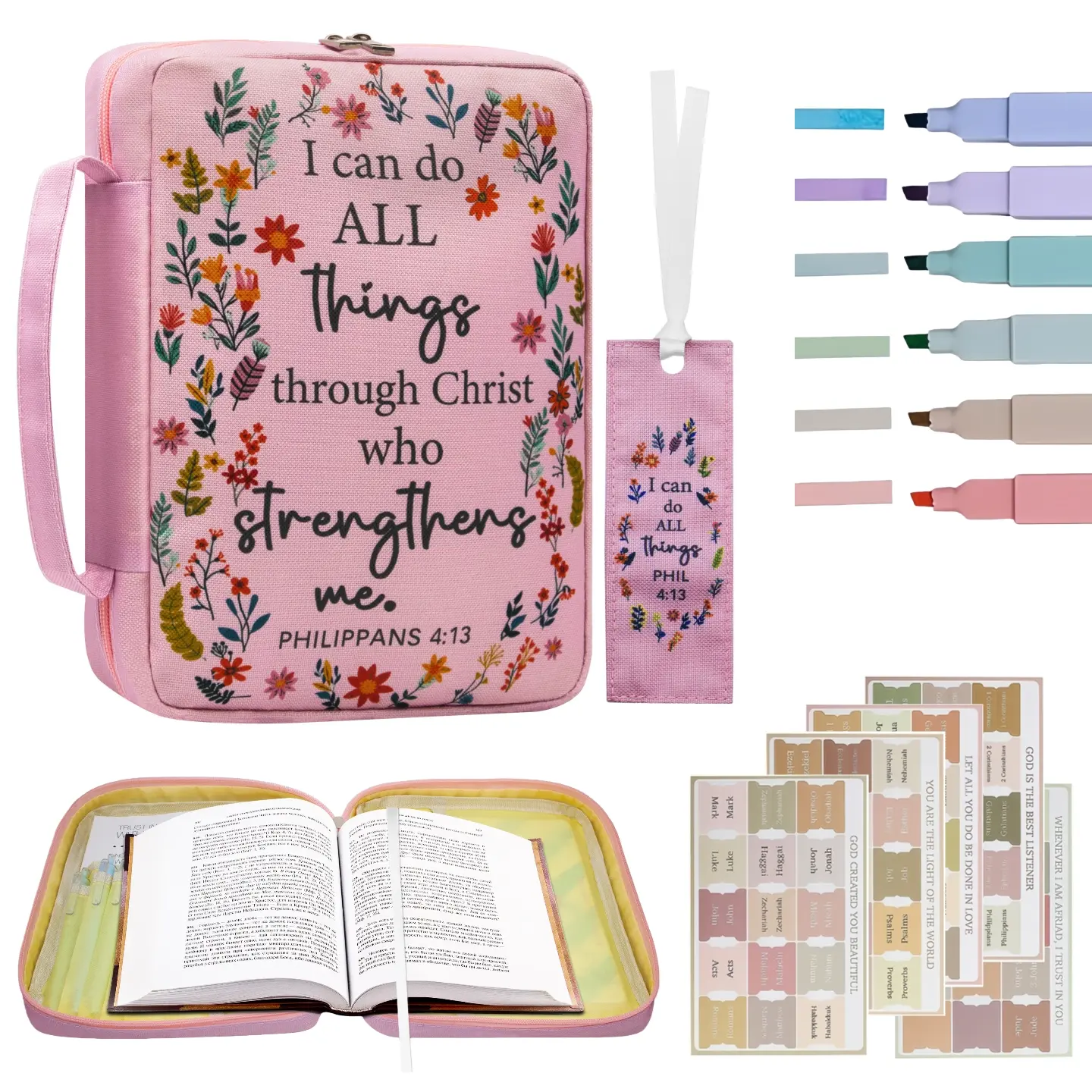 Women's Pink Floral Bible Cover with 6 Highlighters & Tabs, Handle, Zipper, Pen Slots, Large Capacity Church Book Organizer for Church Events & On-the-Go Use, Christian Gift, Ladies, Travel